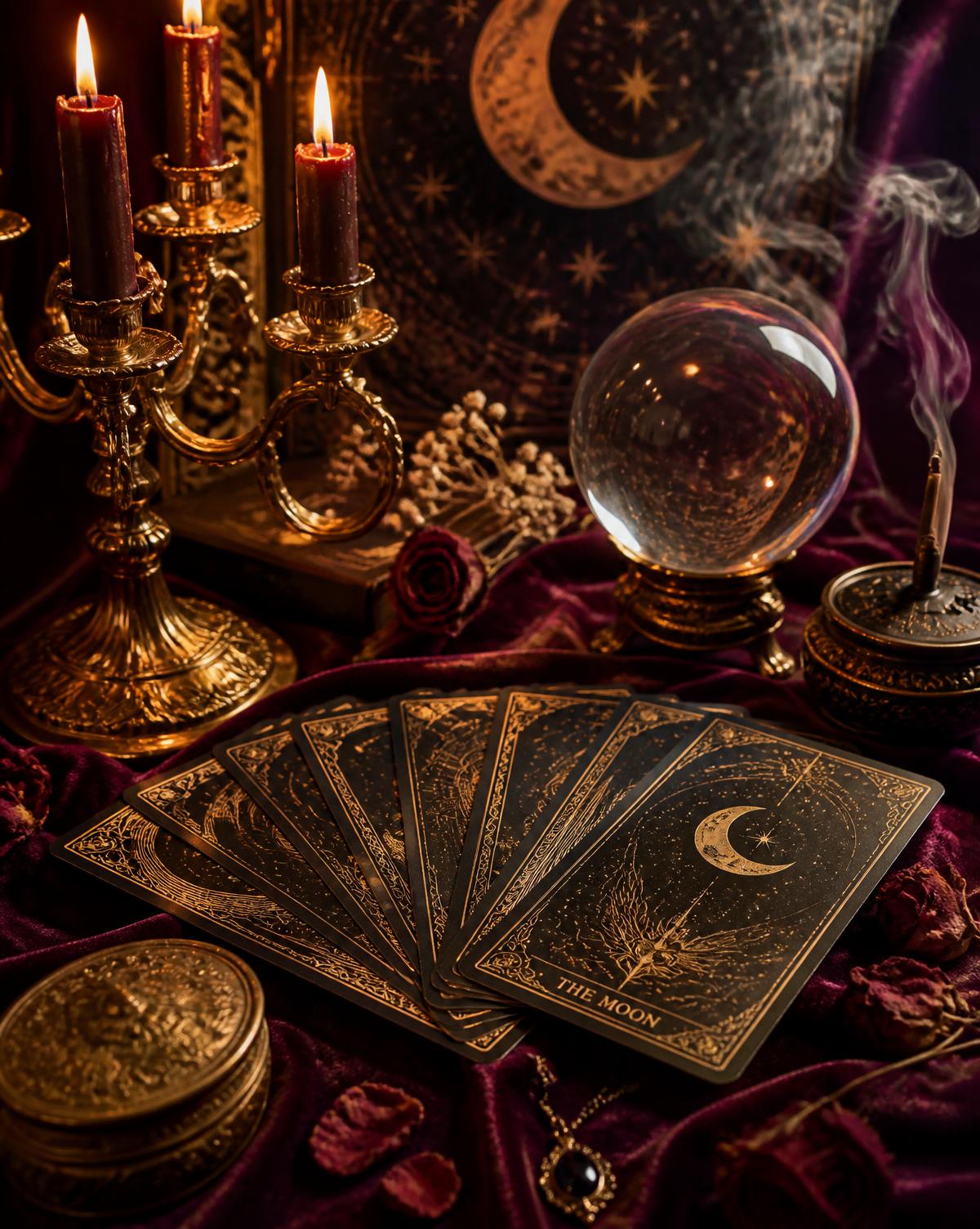 Mesa de leitura com cartas de Tarot, velas e bola de cristal da Taróloga Poliana