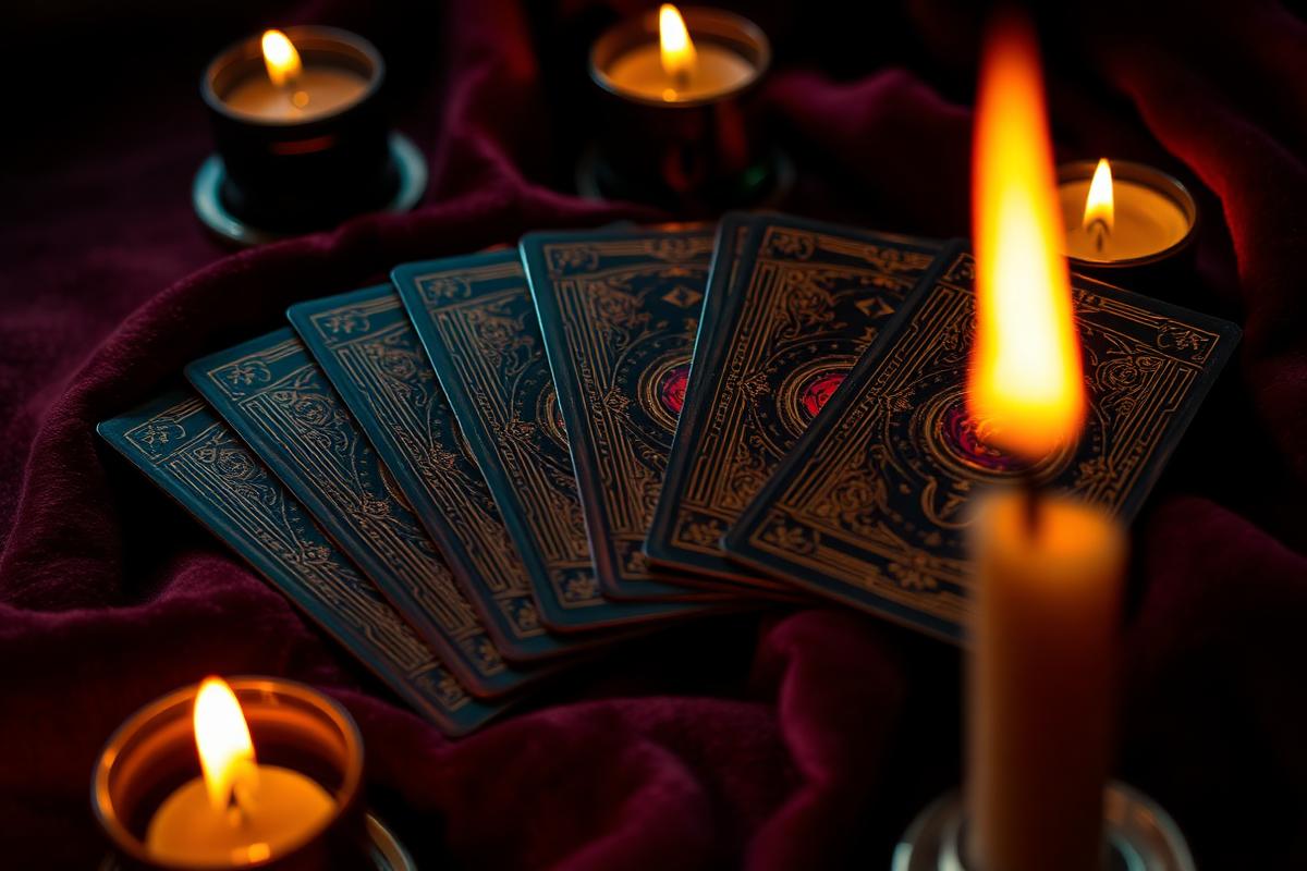 Cartas de tarot iluminadas por velas